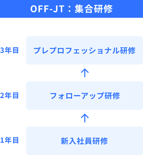 OFF-JT:集合研修 1年目:新入社員研修 → 2年目:フォローアップ研修 → 3年目:プレプロフェッショナル研修